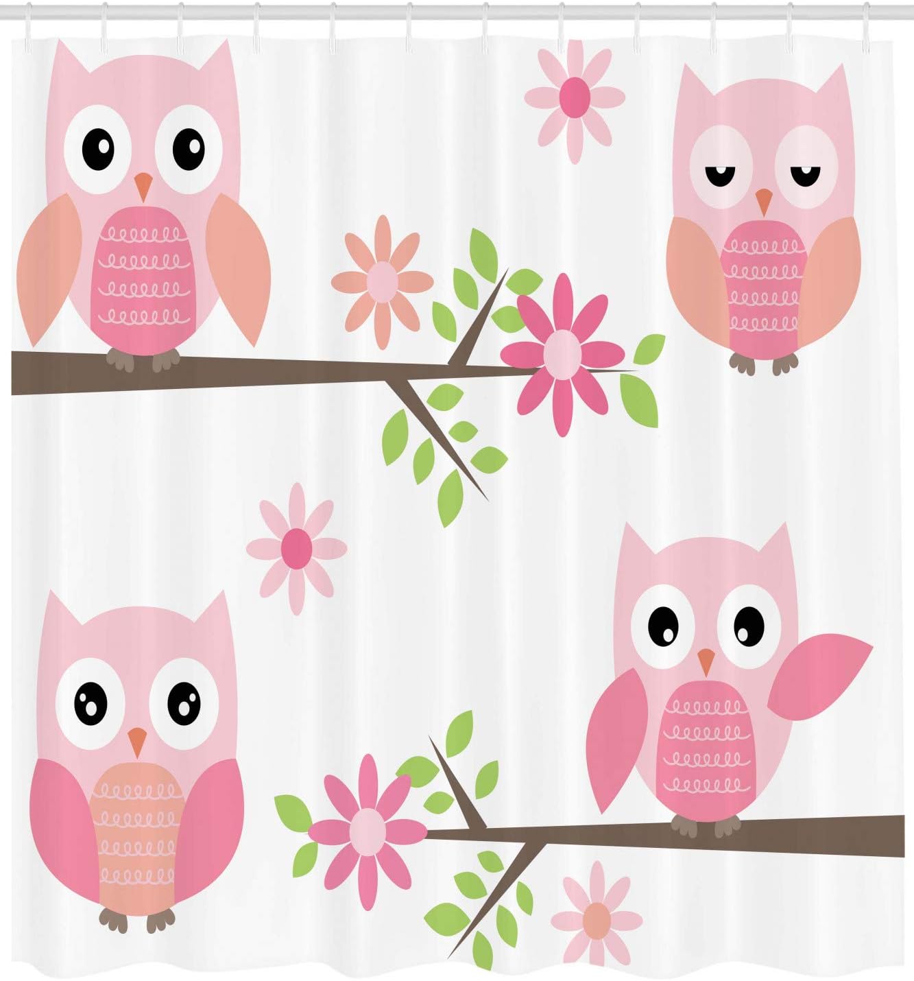 Ambesonne Owl Shower Curtain, Owls Waving in The Floral Tree Springtime Girly Design Print, Cloth Fabric Bathroom Decor Set with Hooks, 69" W x 75" L, Green Pink