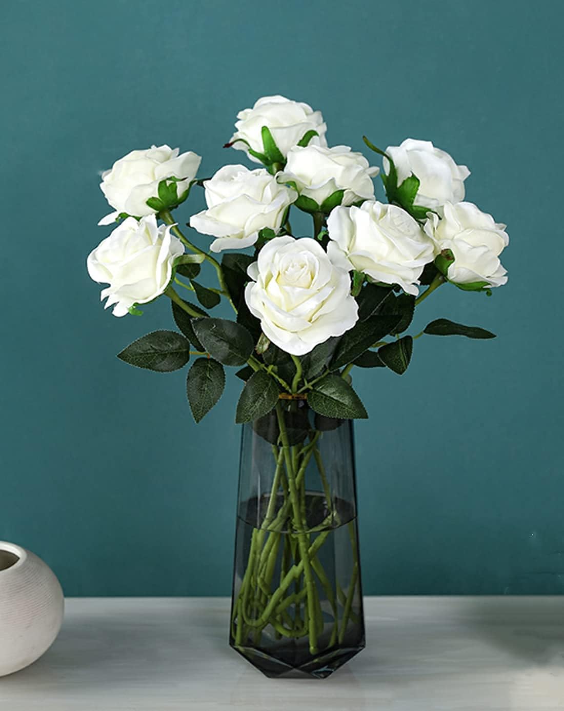 Kisflower 12Pcs Roses Artificial Flowers Fake Silk Rose Flowers Realistic Single Stem Flower Bouquet for Wedding Party Office Home Decor (White) - Image 4