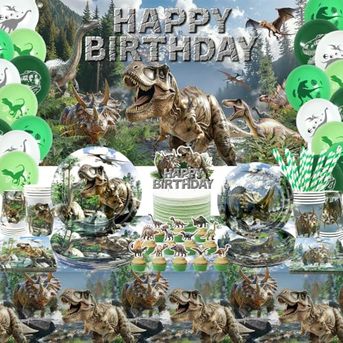 Dinosaur Birthday Party Supplies Kit for Boys, Dino Birthday Decorations-20 Guest-Include Plates, Napkins, Cups, Tablecloth, Backdrop, Balloons, Cake Topper, Tableware