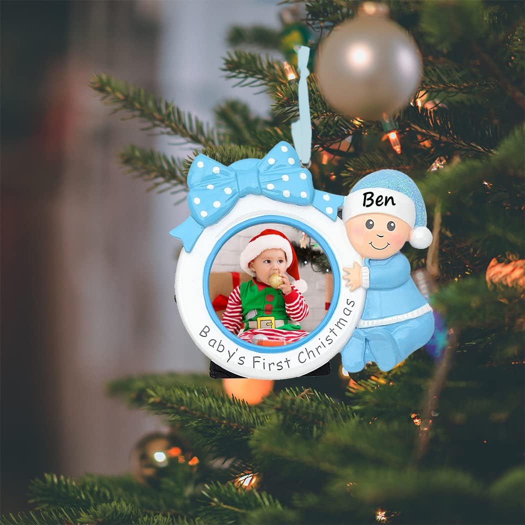 Baby's First Christmas Photo Frame Ornament 2026 | Personalized Blue Round Picture Frame with Polka Dot Bow and Tabletop Stand - Newborn Son Grandson Baby Keepsake Gift image 2