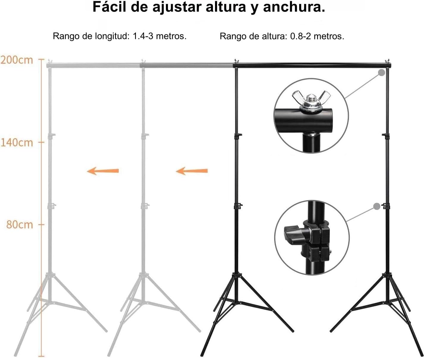 Diagram illustrating the adjustable height and width of the backdrop stand.