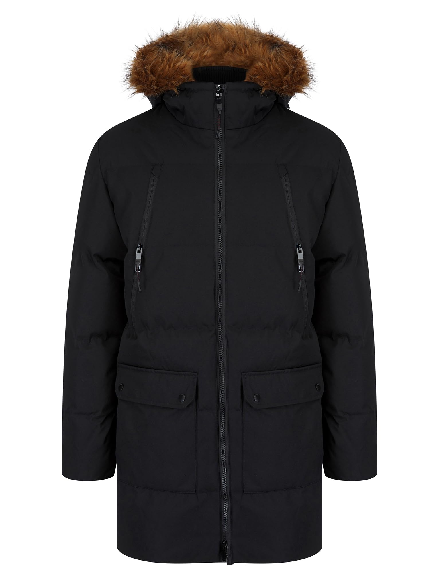Tokyo Laundry Men's Jet Black Padded Multi-Pocket Parka Coat With Faux Fur Trim Hood