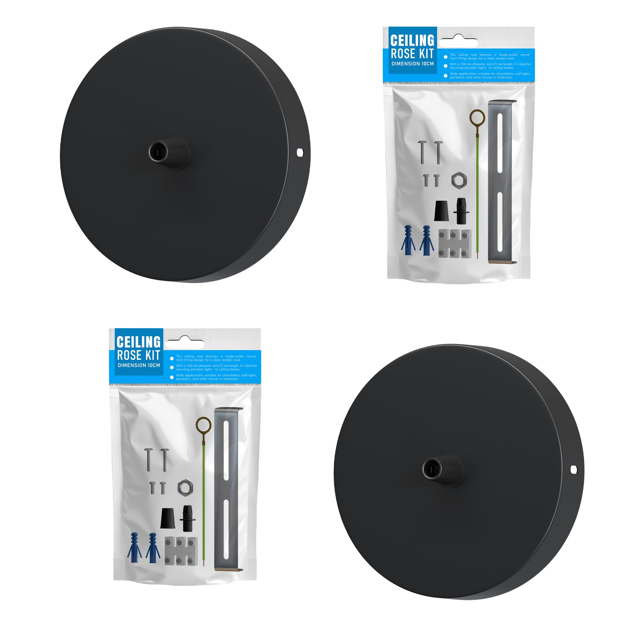Ceiling Rose Pendant Cable Grip Flex Clamp Plate for Light Fitting 100mm Diameter Vintage Metal Fitting Light Base UK Lighting 2Pack (Black Sidefitting)