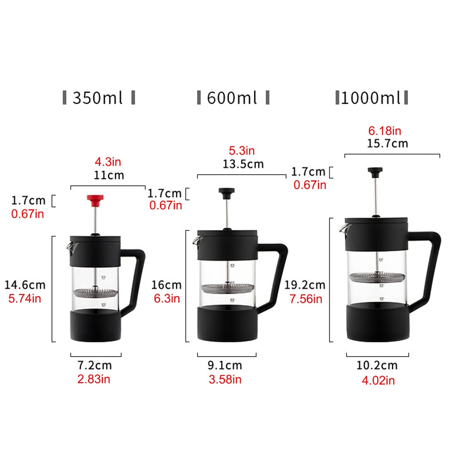 Caffettiere A Pistone,Caffettiera Francese in Vetro Borosilicato Resistente al Calore Rimovibile in Acciaio Inossidabile 304 con 3 Filtri,French Press Caffe Resistente E Facile da Pulire