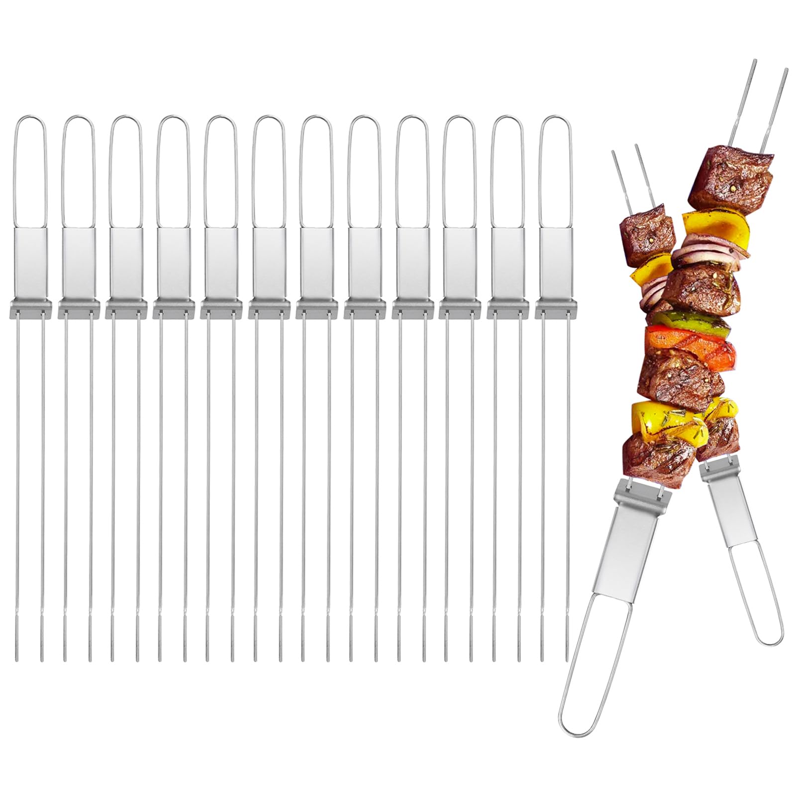 Spiedini per kebab da 33 cm, in metallo, per kebab, con barra di spinta, per grigliare, doppia forchetta, spiedini anti-rollio, in acciaio inox, piatti e lunghi, per carne, verdura, 12 pezzi