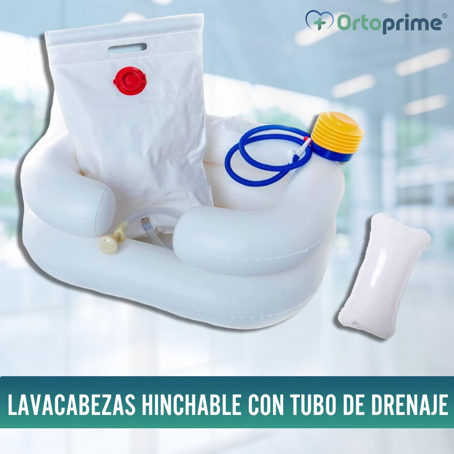 OrtoPrime Lavacabezas Hinchable para Cama KIT COMPLETO con tubo de Drenaje y Bolsa - Ortopedia Lavacabezas Portátil PELUQUERÍA y HOGAR con Hinchador - Lavabo de Cabello Bañera Hinchable para Cama