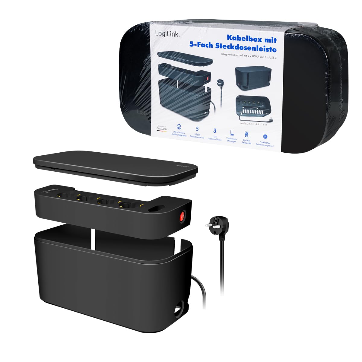 LogiLink LPS282U - Caja de Cables con 5 enchufes (Incluye 3 Puertos USB), Color Negro