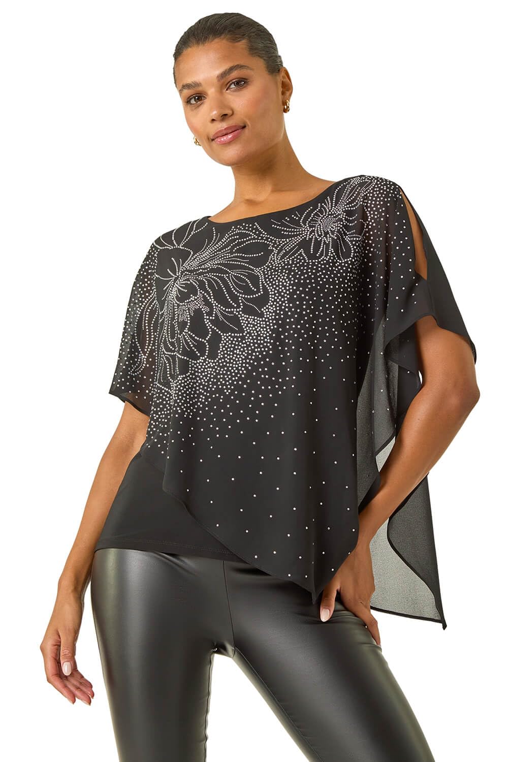 Roman Women's Black Asymmetric Embellished Overlay Top