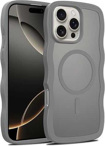 Magnetic for iPhone 16 ProMax Case for Women Girls, Semi-Transparent Frosted Skin Feel, Wave Frame Matte Phone Case, Soft Edge Cover Gray, iPhone 16 ProMax Case