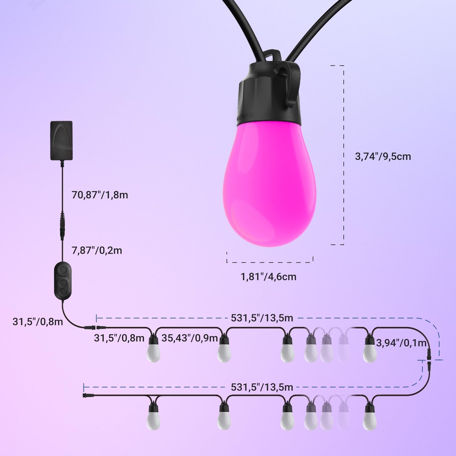 NEEWER 96ft Außen Lichterkette, App steuerbar, Smart AI RGB IC, zum Aufhängen im Freien, warmweiß, Beleuchtung für Terrasse, Balkon und Garten, wasserdicht (IP65), kompatibel mit Alexa Google, NR01