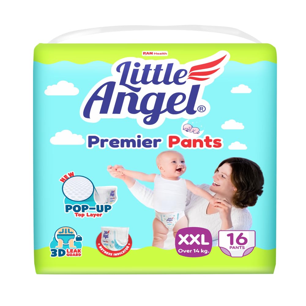 Little Angel Premier Pants Baby Diapers, Double Extra Large (XXL) Size,16 Count/Pack with Wetness Indicator,Above 14 kgs