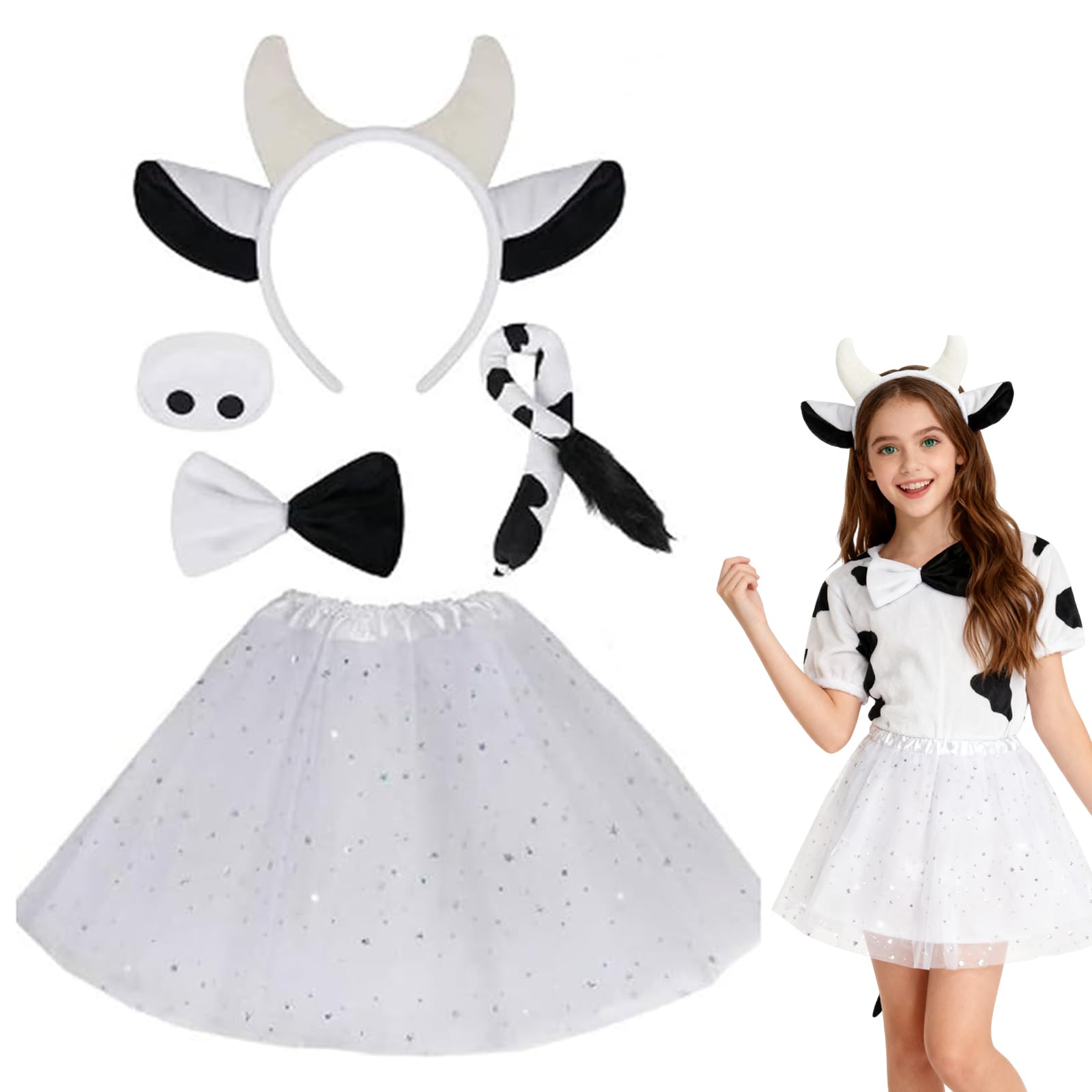 Bodeshis 5-Pcs Cow Costume Set, Cow Headband with Ears, Bow Tie, Nose, Tail and Skirt, Complete Outfit for Kids, Perfect for Halloween, Cosplay, Birthday Parties and Carnival Celebrations