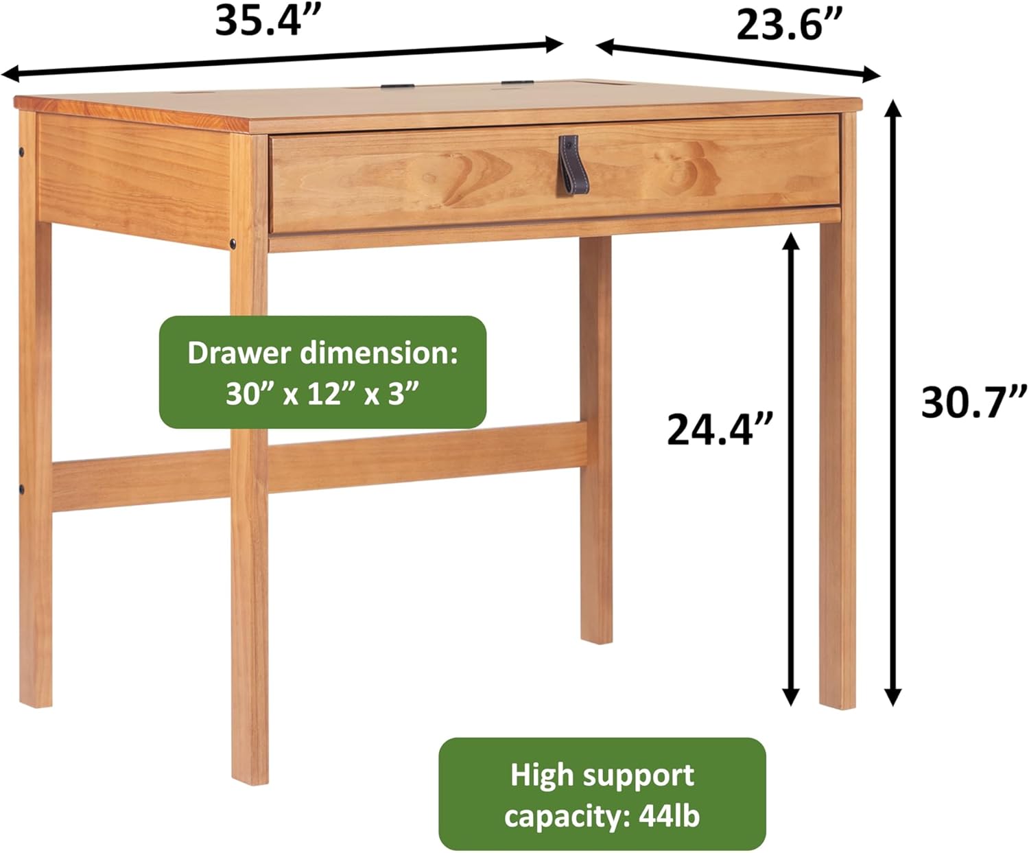 memomad Bali Home Office Bedroom Desk - Modern and Sturdy with Drawer and Storage Compartment for Stationary - Noise Free - Freestanding (35" Width, Oak Brown Solid Pine Wood)