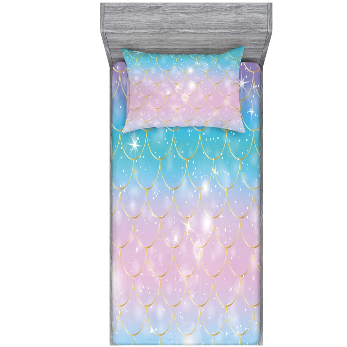 Girls Mermaid Scale Bed Sheet Sets Twin Size - 2PC Rainbow Pearl Diamond Stars Kids Fitted Sheet（Fitted Sheet x 1 FPillowcase x 1）-image-13