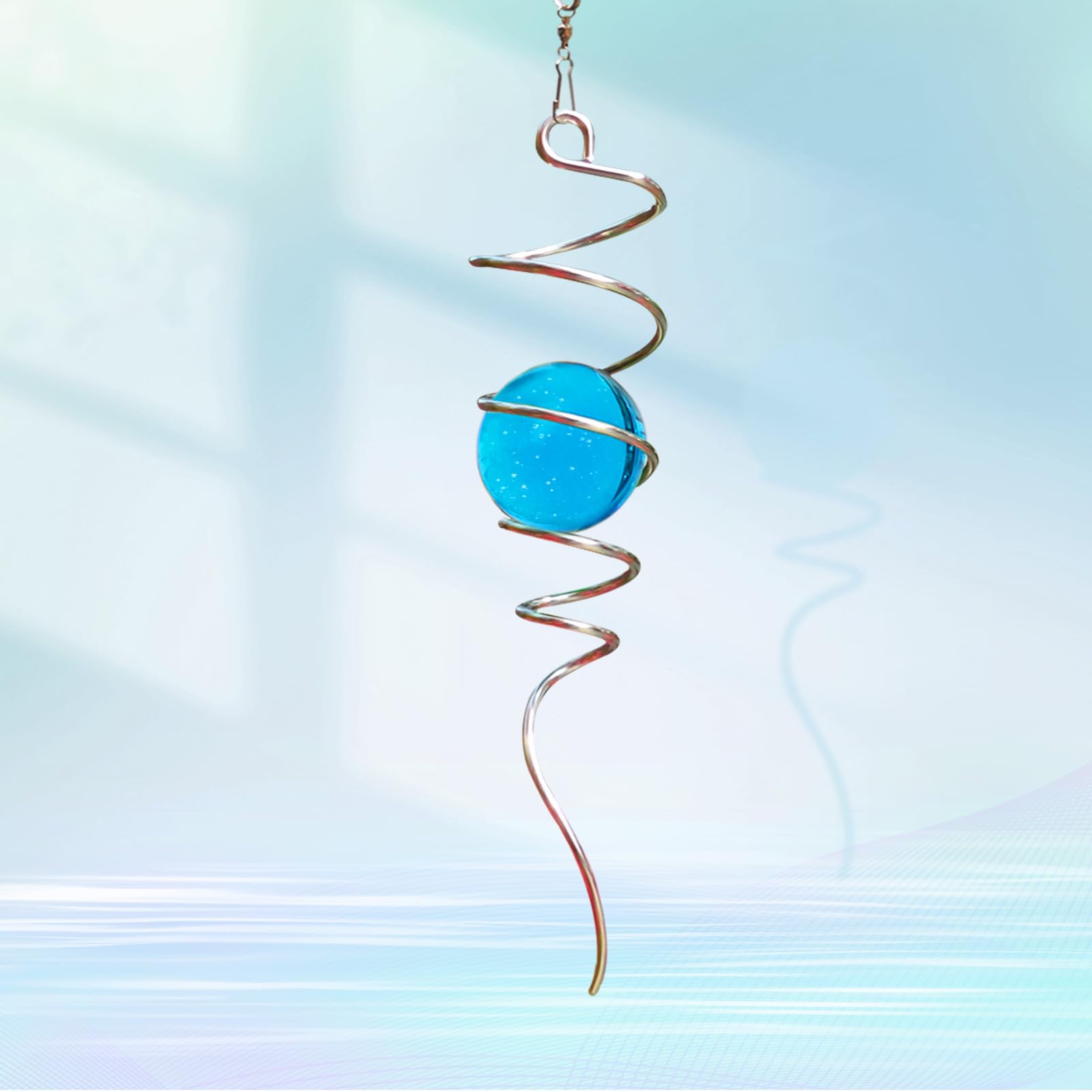 GOOLLYRUSIM Blue Glass Orb Stainless Steel Gazing Ball Spiral Tail Wind Spinner - 3D Stabilizer, Sun Catcher, Decor for Home Garden Indoor Outdoor