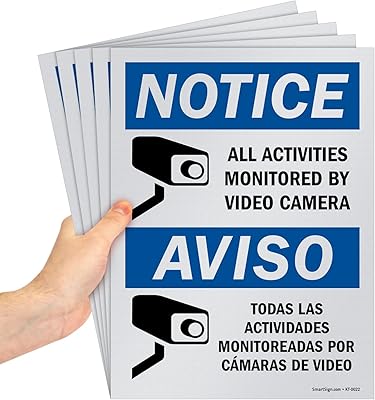 SmartSign (Pack of 5) 12 x 9 inch “Notice - All Activities Monitored By Video Camera†Bilingual Sign, Screen Printed, 10 mil Polystyrene Plastic, Blue/Black on White