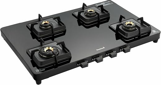 Sunblaze Razr 4 Burner Toughened Glass Top Gas Stove, Manual Ignition Gas Stove with Brass Burners, Flame Guard Pan Support, Black Kitchen, 5 Year…
