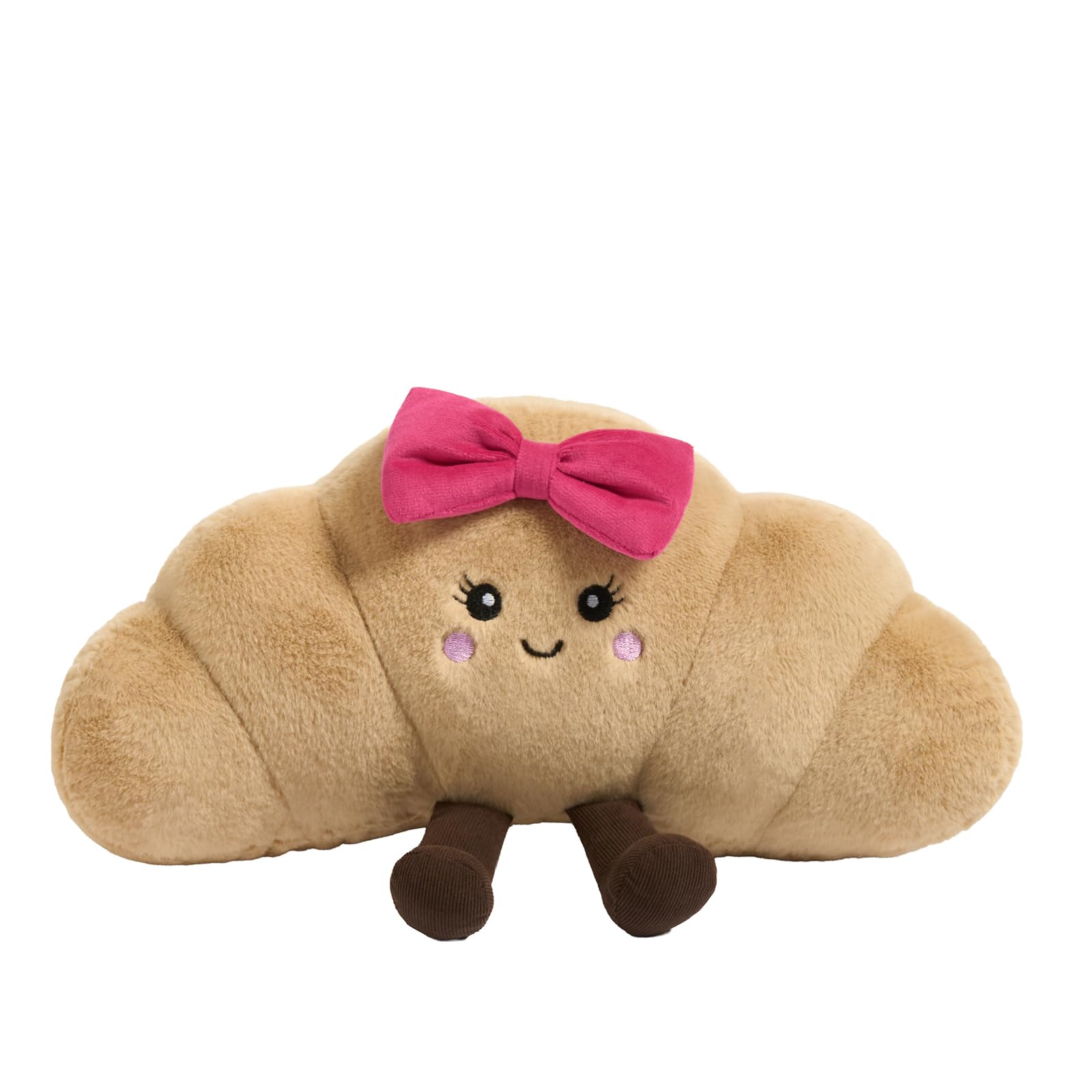 Ohs Bow Croissant Plush Decorative Pillows, Throw Pillow Stuffed Toy Novelty Cushions For Sofa Bed Cuddle Cushion Cute Room Decor Plush Pillow For Kids Adults, Natural/Hot Pink - 35 X 18Cm