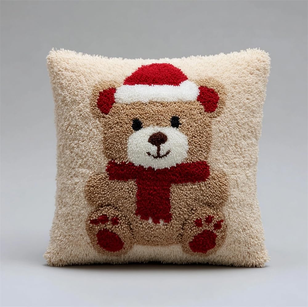 FWRTYCB Latch Hook Pillow Kit,Christmas Bear DIY Needlework Pillow Cover