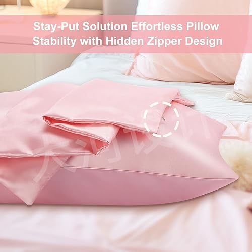 Vista 64 de Funda de almohada de satén, más suave que la seda, 1 paquete, fundas de almohada de satén con cremallera, fundas de almohada de enfriamiento