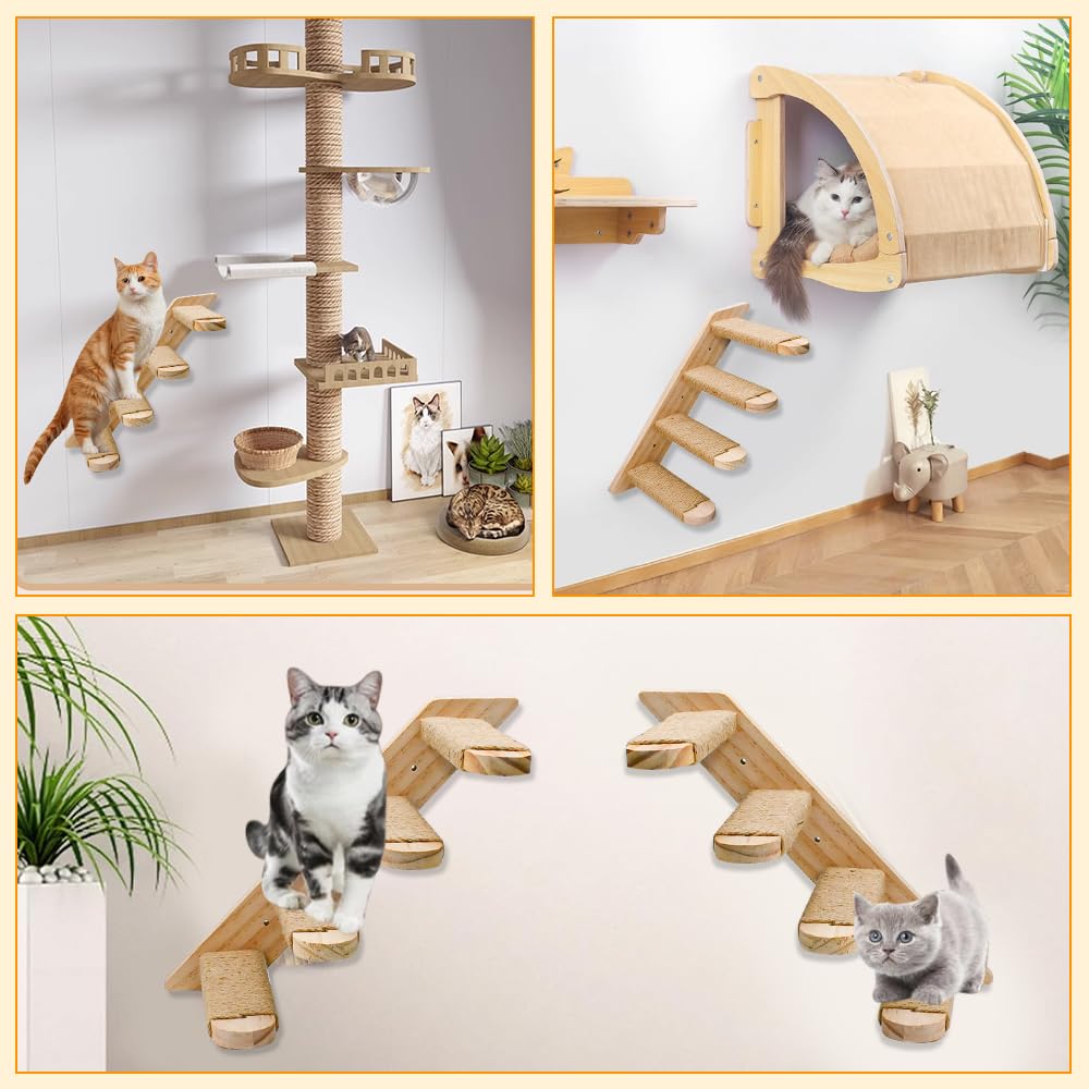 Étagère Murale pour Chat, Escalier pour Chat 4 Étapes Marches d'escalade Chats en Bois Cadre d'escalade Mural avec Un Bâton Drôle Echelle Chats pour Grimper, Sauter et Jouer