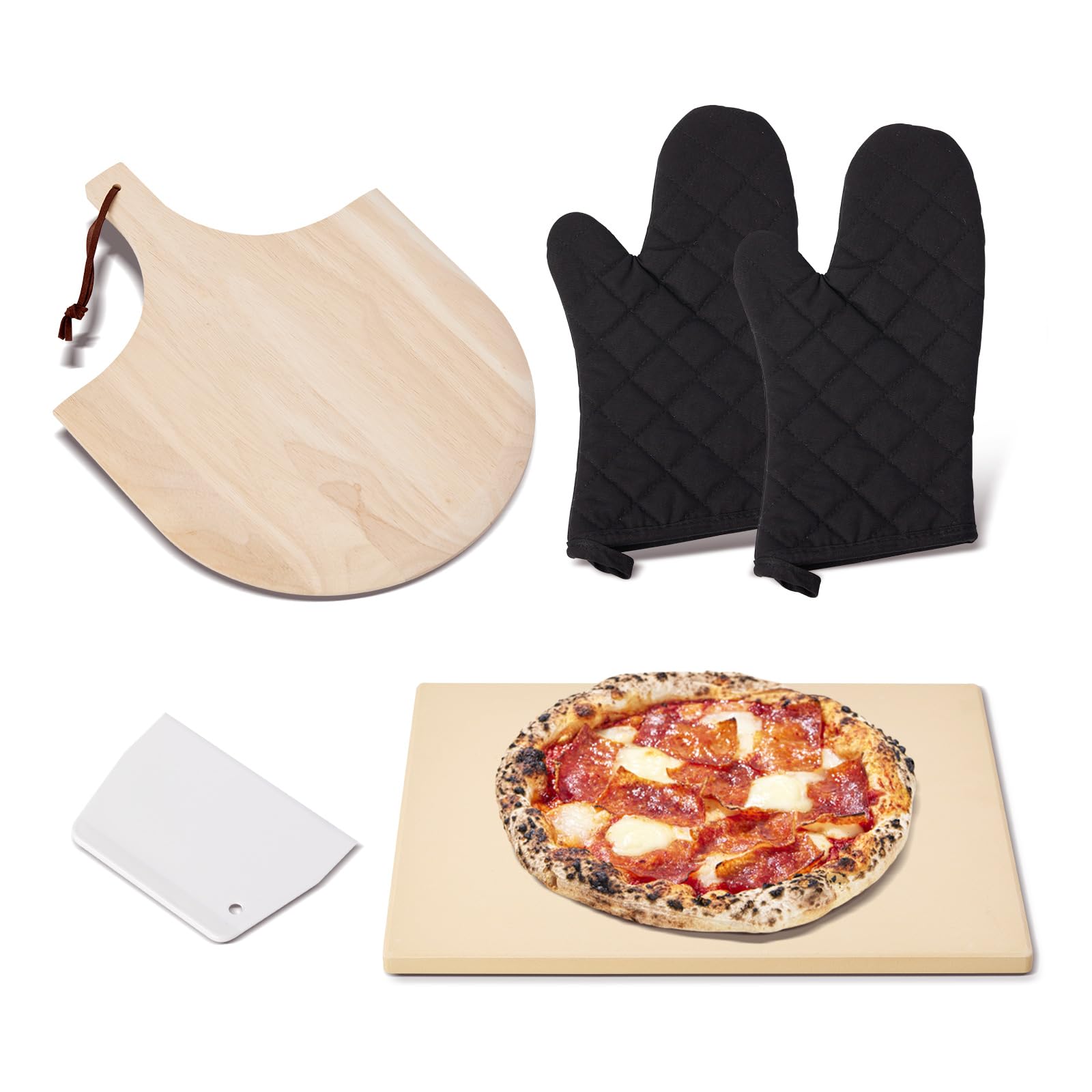 ROCKSHEAT Pizza Stone Set, 30 x 38cm Rectangular Pizza Stone for Oven Grill BBQ with Wooden Pizza Peel & Oven Mitts, Cordierite Baking Stone for Bread, Unique Built-in 4 Handles Cooking Stone — image 1