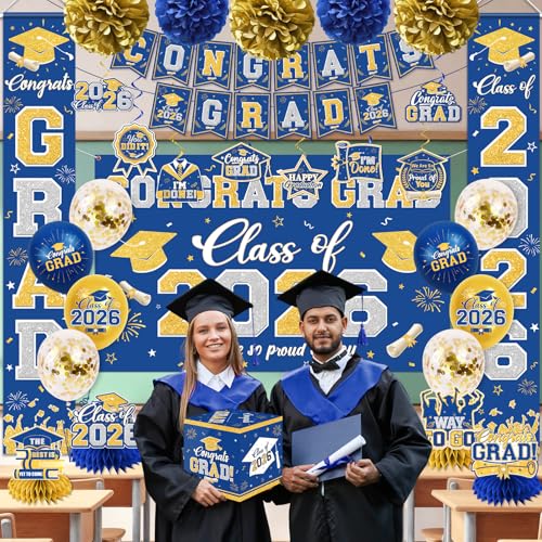 Image of Graduation Decorations Class of 2026 Blue and Gold Graduation Decorations with Congrats Grad Banner,Backdrop,Porch Sign,Balloons,Hanging Swirls,Honeycomb Centerpieces,Box for Graduation Party Supplies
