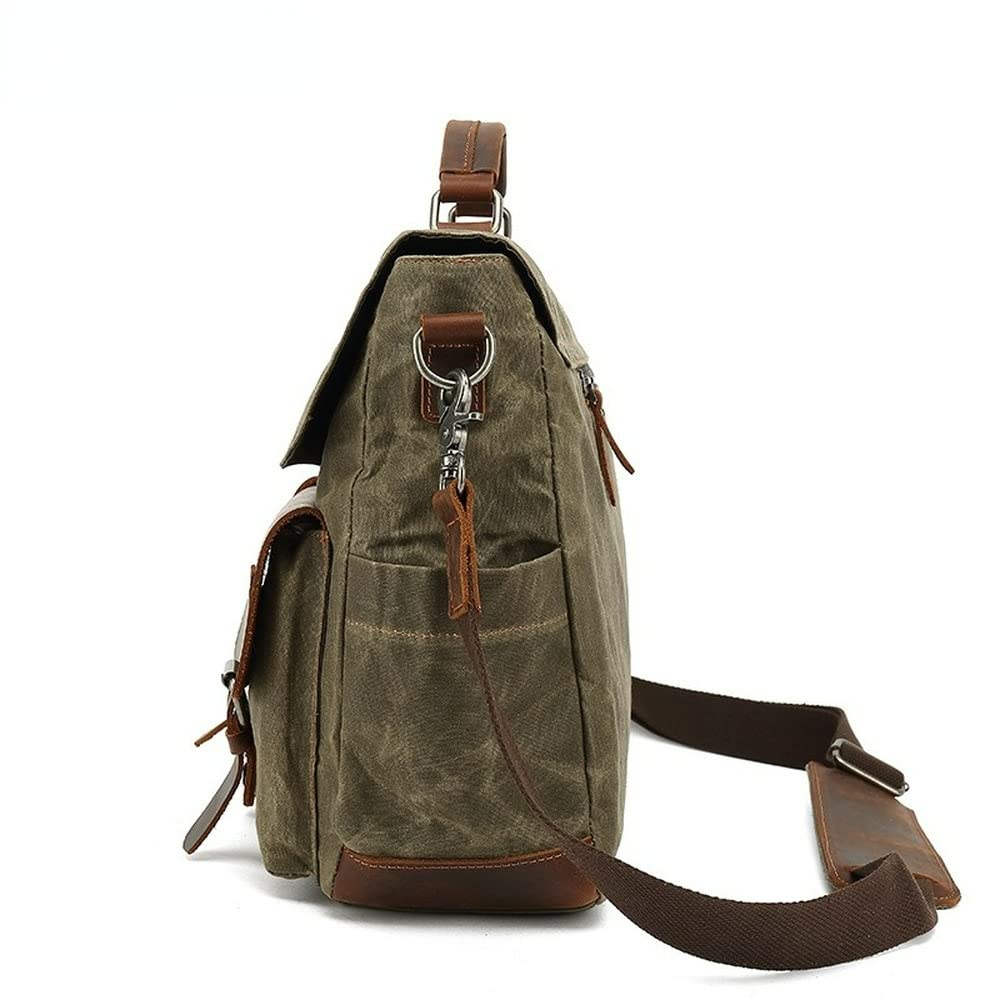 Vintage wasserdichte Wachstuch Canvas Laptop Handtaschen Aktentasche für Arbeit Computer Taschen Outdoor Crossbody Bag, armee-grün, M,