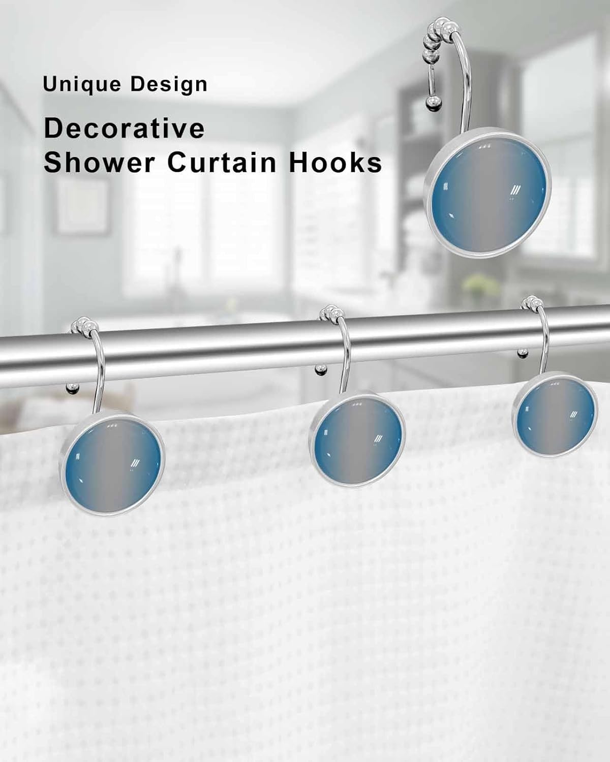 12PCS Shower Curtain Hooks Rings for Bathroom Blue and Grey Gradient Stainless Steel Rustproof Decorative Shower Curtain Hangers for Curtain & Liner Crystal Glass Design