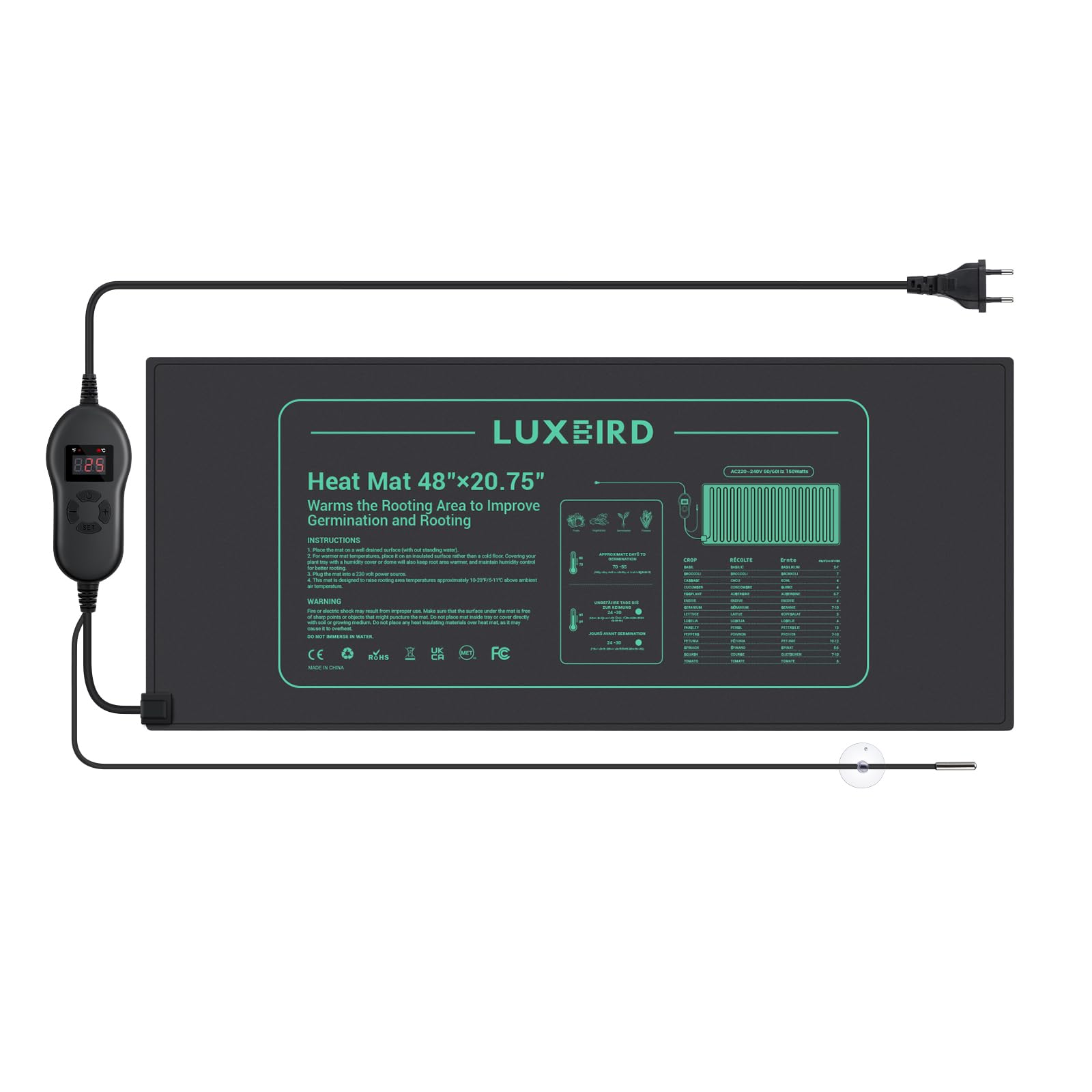 Luxbird Mata grzewcza z termostatem, szklarnia pokojowa, mata grzewcza do sadzonek, 150 W, wodoszczelność IP67, 121,9 x 52,7 cm
