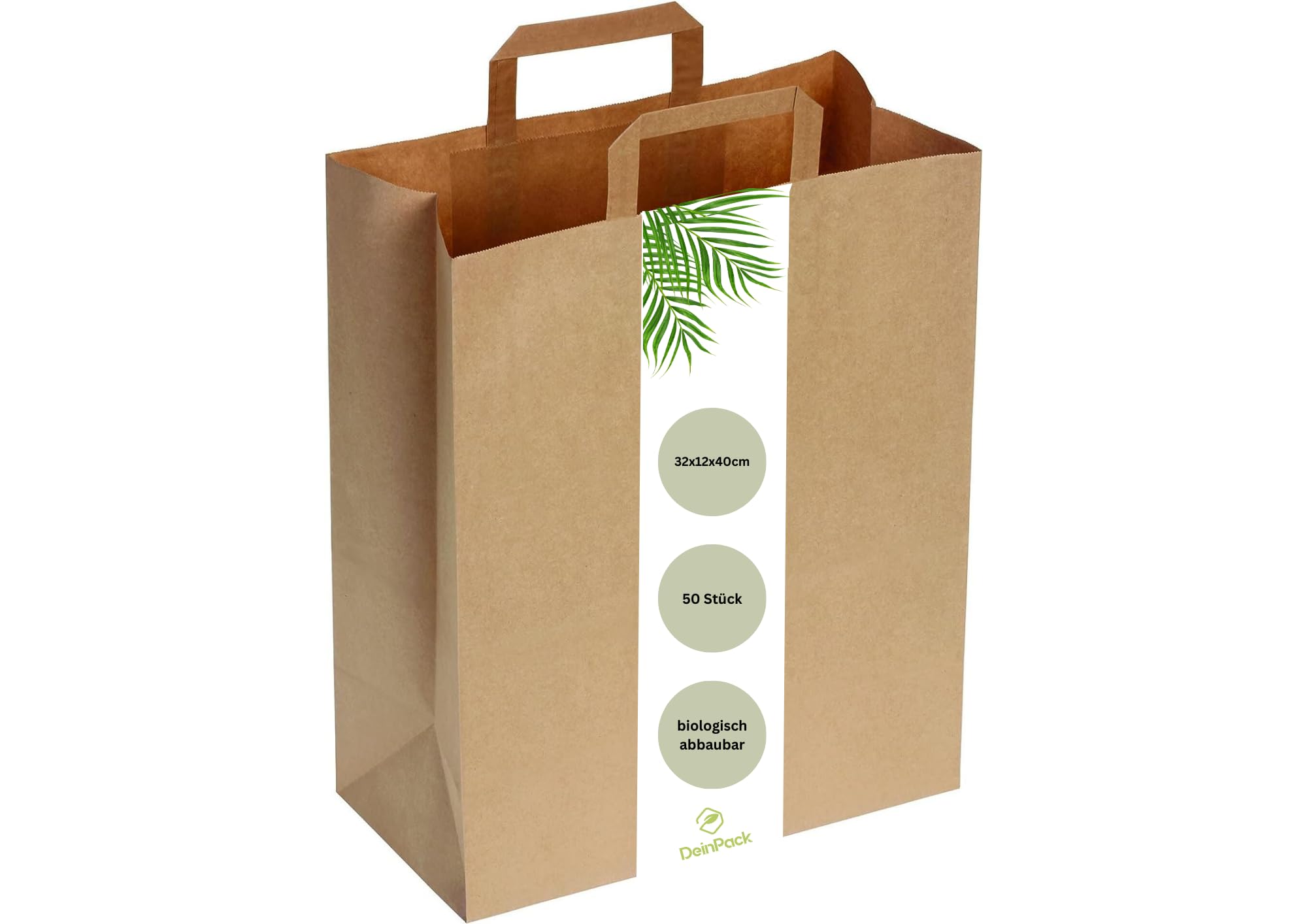 DeinPack Lot de 50 sacs en papier 32 x 12 x 40 cm - Respectueux de l'environnement - Grands sacs cadeaux en papier biodégradables et compostables - Marron