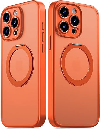 for iPhone 15 Pro Max Case Upgrade 360 Spin Magnetic Stand Orange | Compatible with Magsafe, Military Protection, Full Camera Protection, Translucent Matte Phone Case for iPhone 15 Pro Max