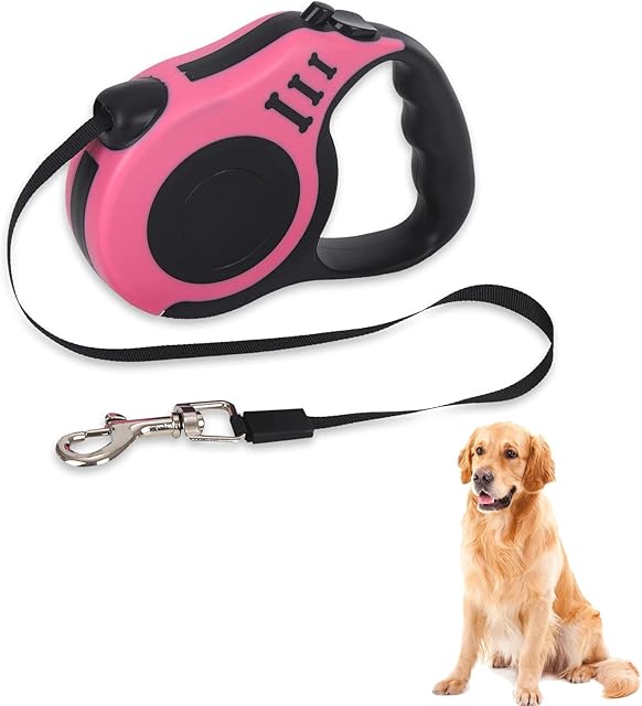 Retractable Dog Lead,5M Extendable Dog Leads with Anti-Slip Handle, No-Tangle Retractable Dog Lead,Strong Nylon Tape Dog Leash,One-Handed Brake for Small Medium Dogs up to 40 kg (Pink)