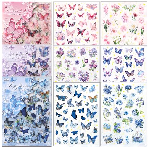 FOSDICK 6 Feuilles Stickers Fleurs Papillon Decoration, Autocollant Fleur et Papillon, Vintage Stickers Scrapbooking, Deco Printemps Sticker Papillons Fleurs...