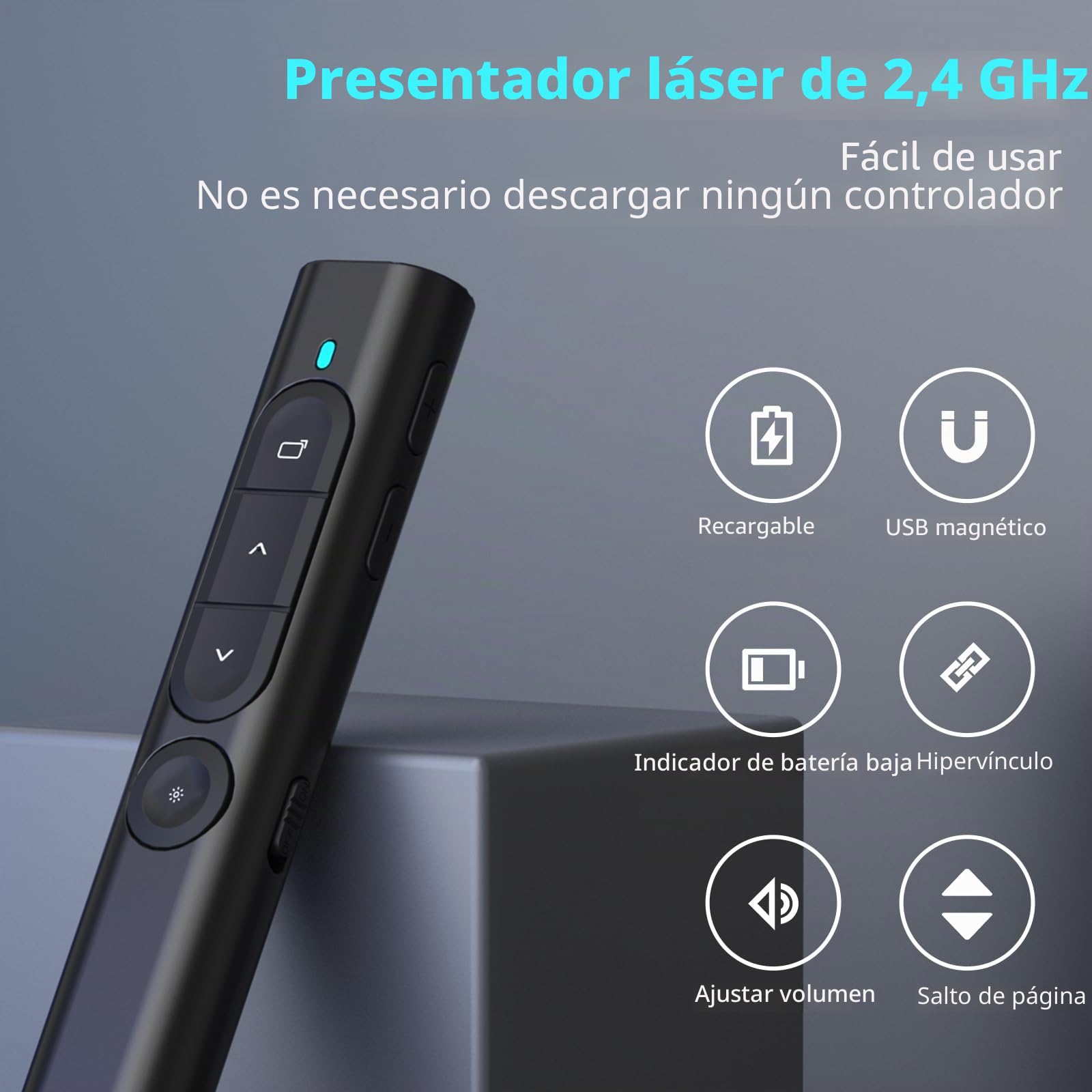elzle Presentador Inalámbrico para PowerPoint, Control Remoto con de Hipervínculo y Regulador de Volumen, Compatible con Mac, PC y Portátiles, para Reuniones y Conferencias - Negro