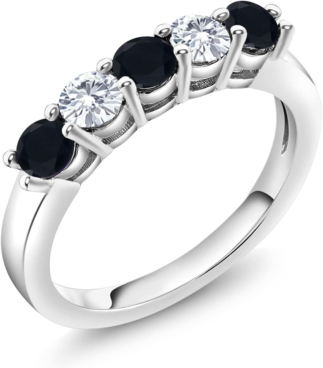 Gem Stone King Black Onyx and White Moissanite 5-Stone Wedding Anniversary Band Ring For Women | 925 Silver | 0.71 Cttw | Gemstone Birthstone | Wedding Engagement Anniversary Promise Ring