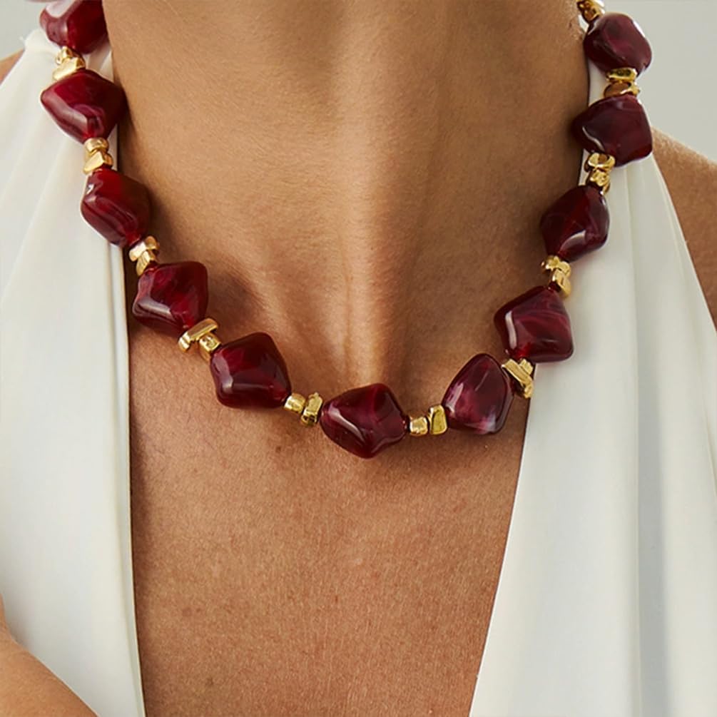 Charm Chunky Irregular Turquoise Gold Beads Choker Necklace for Women Statement Red Resin Acrylic Necklaces Boho Prom Party Aesthetic Jewelry Gifts - Image 3