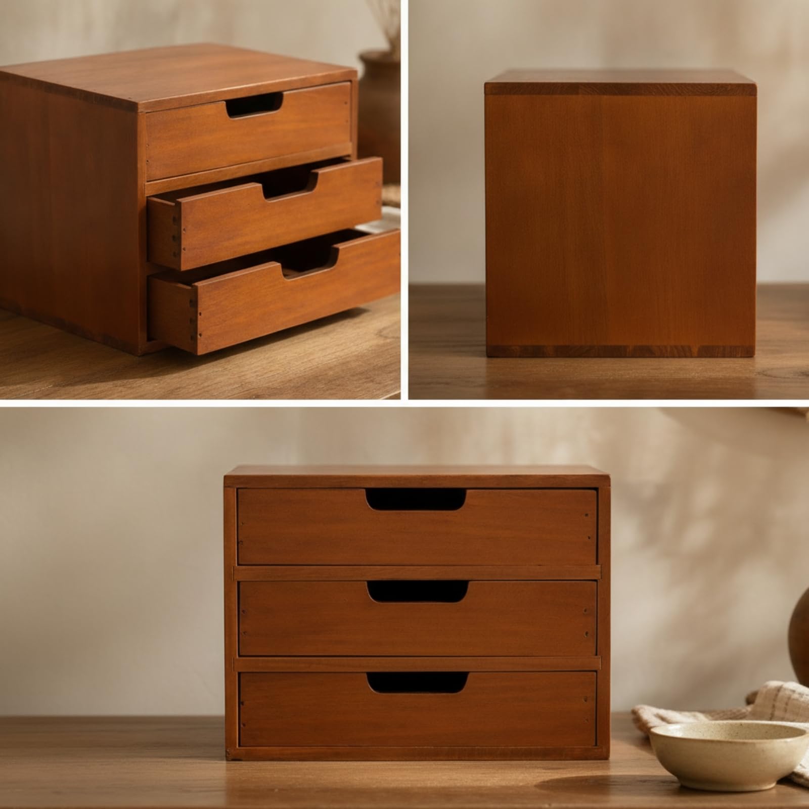Qianly Scatola Portaoggetti in Legno con Cassetti Pratico Resistente Contenitore per Toeletta, Ufficio, Cassettiera Piccola A Tre Cassetti Senza Testo