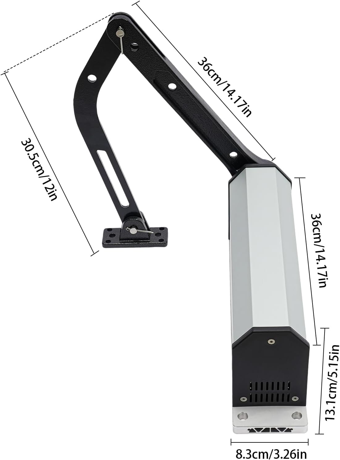 Diagram showing the dimensions of the Goudergo 90° Vertical Automatic Door Opener.