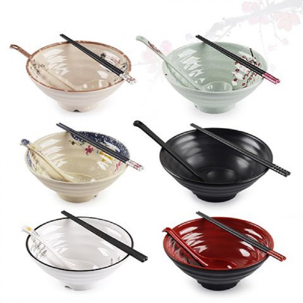JUNYFFF Ramen Bowl Set, 1150 Ml Japanese Soup Bowl with Spoon And Chopsticks, for Pasta Udon Pho Asian Noodles, Dishwasher Safe 6Set(18PCS)