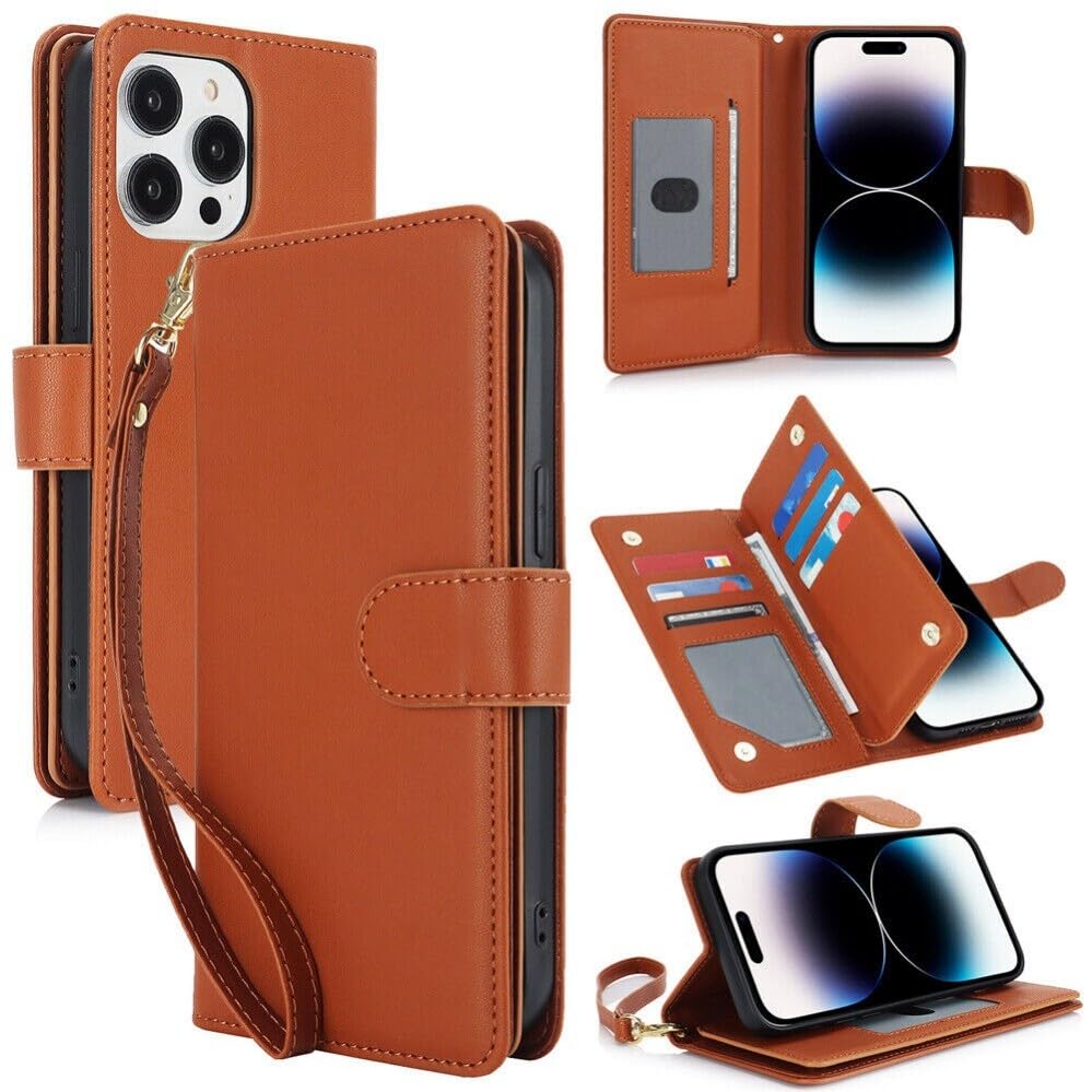 Étui iPhone 14 marron housse à rabat en cuir avec double portefeuille magnétique