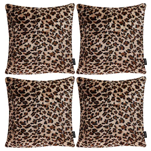 Faylapa 4 Pack Soft Plush Leopard Print Pillow Covers,Animal Theme Print Faux Fur Decorative Throw Pillowcase Home Decor Cushion Cover 18×18 Inches (45×45cm)(Case ONLY)