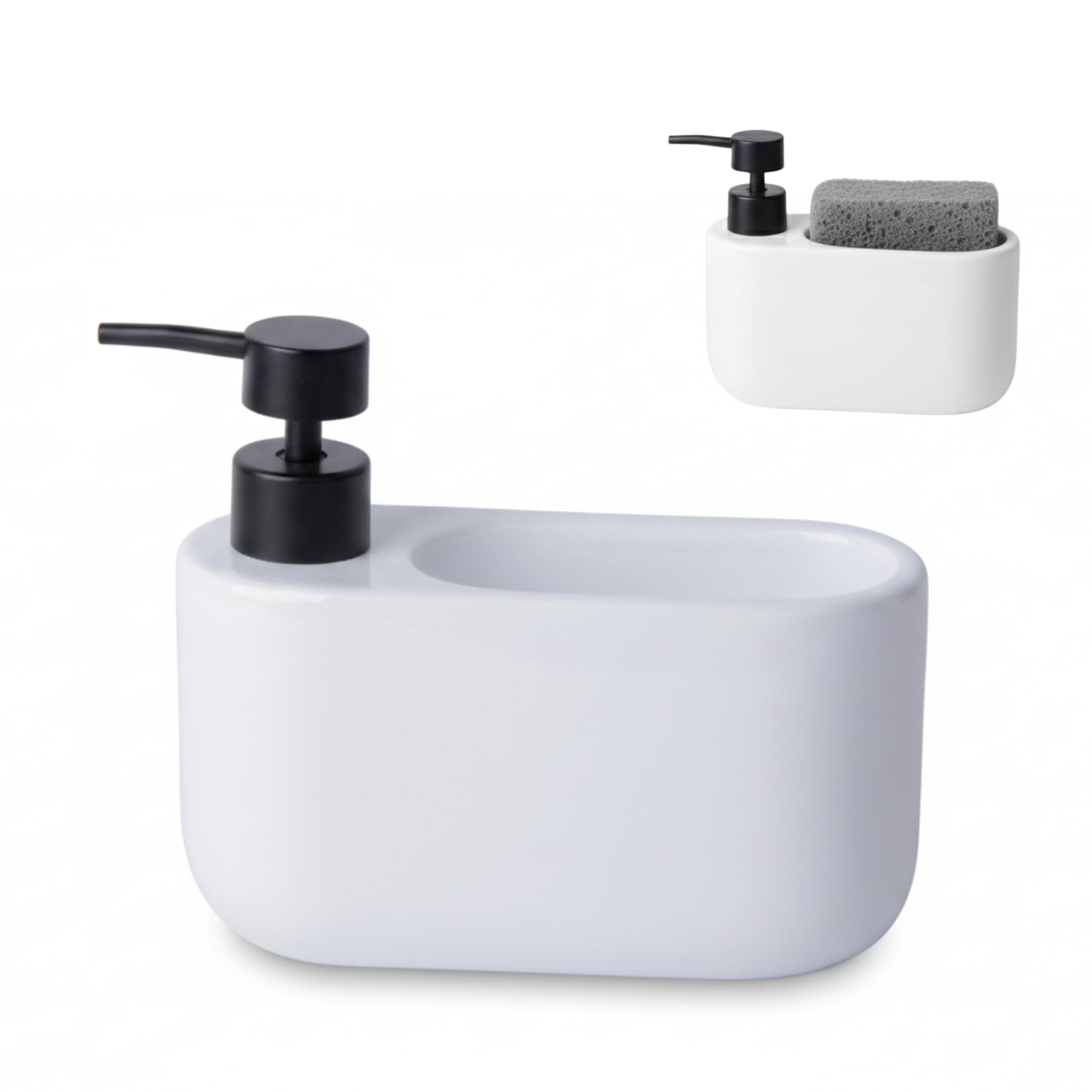Kook Time Dispensador de Jabón Cocina con Estropajero 520 ml Curve - Dosificador de Cerámica y Soporte para Esponja. Organizador de Fregadero Estrecho. 18 x 7.3 x 15 cm. - Blanco