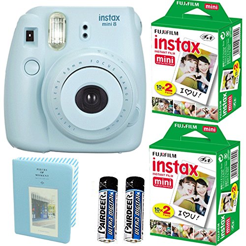 Fujifilm Instax Mini 8 Instant Film Camera (Blue)+ 2 Fujifilm INSTAX Mini Instant Film Twin Pack (= 40 Sheets) with Photo Album 64 Pockets Blue Value Set Bundle