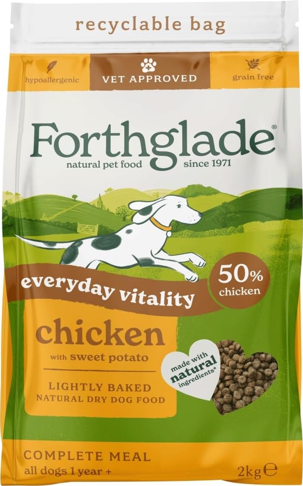 Forthglade Dry Dog Food, Lightly Baked, (2kg), Hypoallergenic and Grain Free Dog Food, Adult 1 Year +, Chicken With Sweet Potato, Complete and Balanced Meal, 50% Single Source Protein