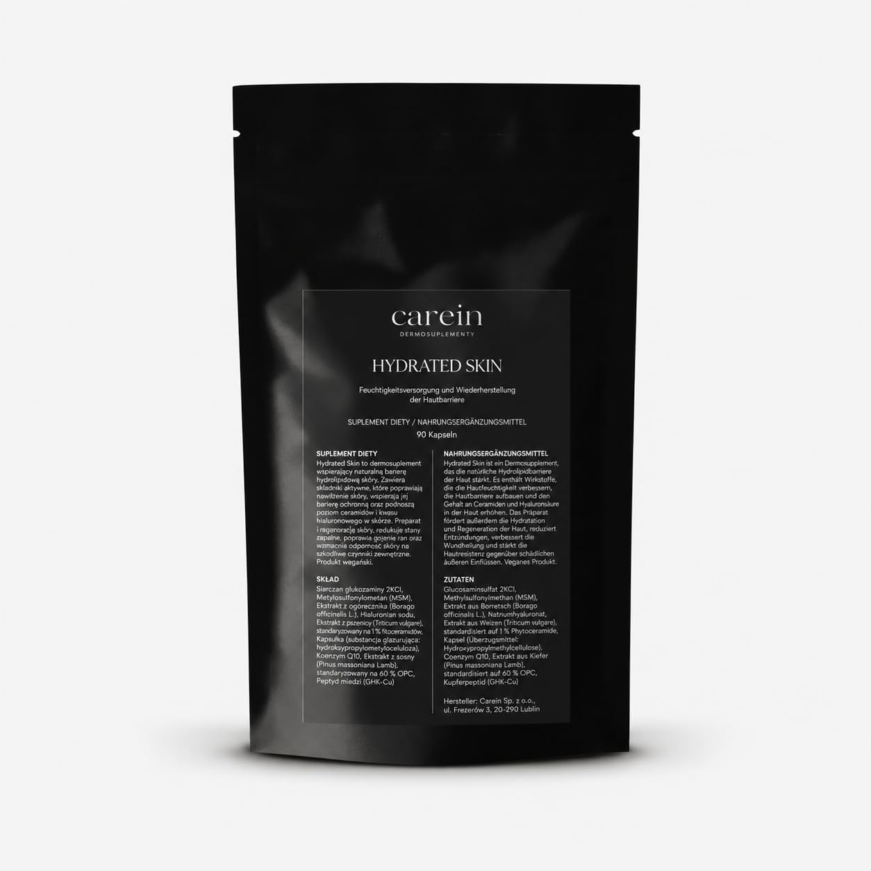 Hydrated Skin Kapseln - Hautbarriere Stärkung mit Hyaluronsäure, Ceramiden & Astaxanthin - 90 Kapseln vegan - Trockene Haut Supplement - Carein