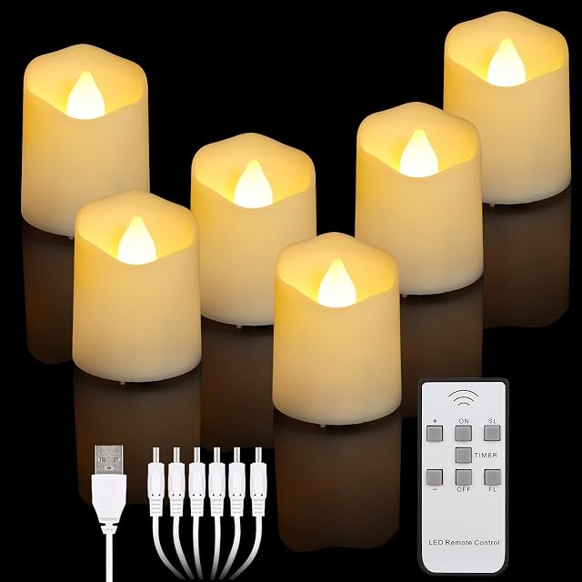 ZIYOUDOLI 6 świeczek LED typu tealight z timerem, pilot zdalnego sterowania, funkcja timera, ładowane elektrycznie, USB ciepła biel, możliwość ściemniania, na Halloween, Boże Narodzenie, dekoracja