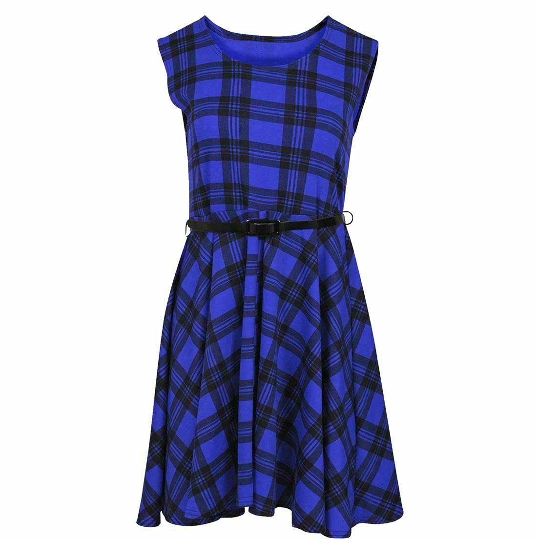 Fairy Boutique Women's Blue Tartan Crew Neck Belted Skater Dress Sleeveless Printed Flared Party Mini Dress