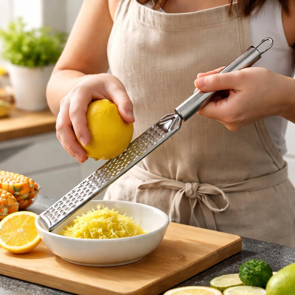 Stainless steel flat-bottomed grater, ideal for grating and peeling ingredients such as ginger and lemon zest; a kitchen gadget