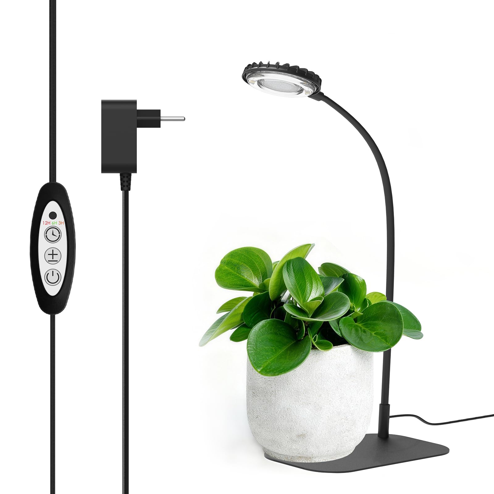 SNASI Lámpara de cultivo para plantas de interior, 12 W, espectro completo, regulable, ideal para macetas, suculentas y jardinería de interior, temporizador de 3/6/12h